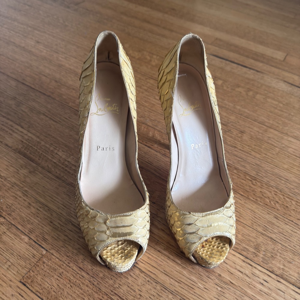 Christian Louboutin Python Peep Toe Pumps Gold Metallic Red Bottom Heels Size 37 - Picture 2 of 7